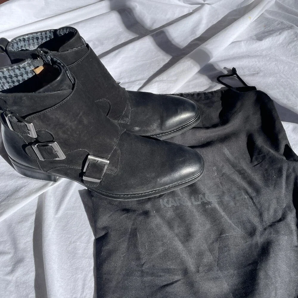KARL LAGERFELD PARIS 11.5 Mens 3-buckle Leather and Suede Black
